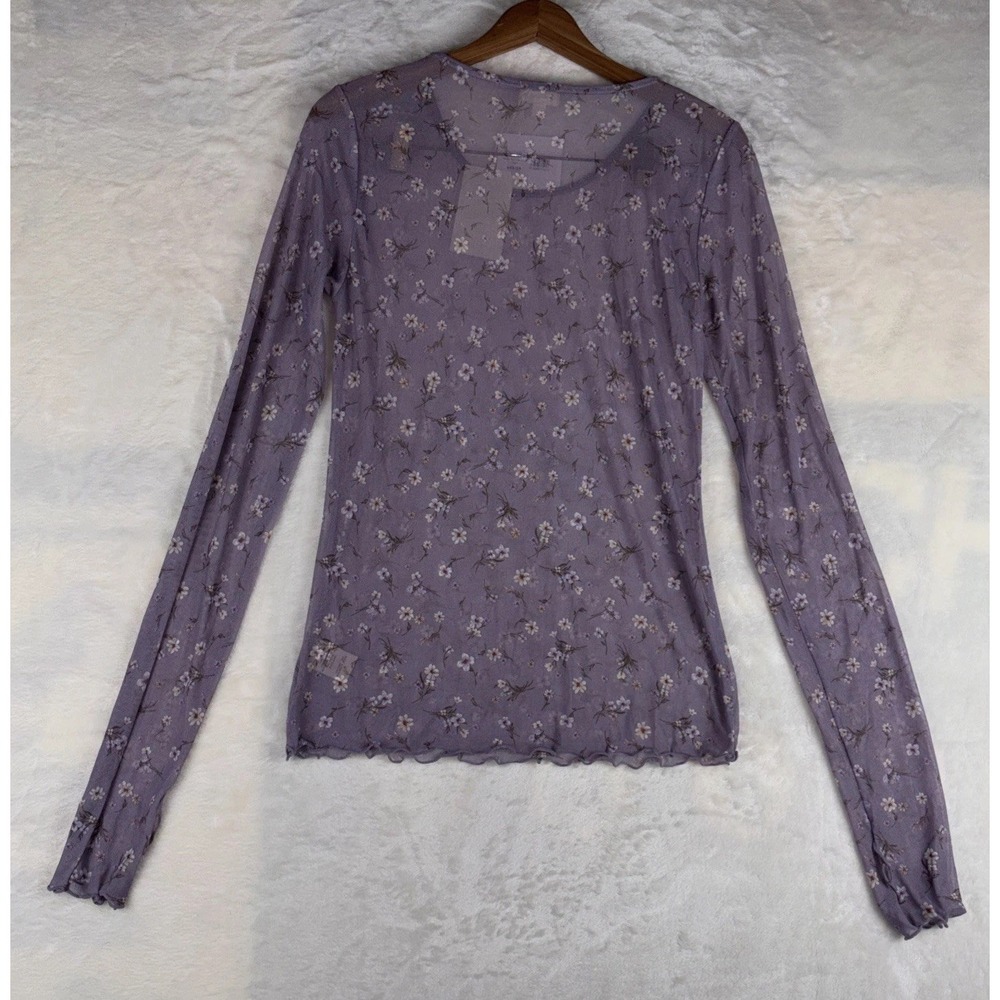 Anthropology Hem & Thread Sz L Ditsy Print Mesh Cabbage Long Sleeve Top Lavender - Picture 11 of 15